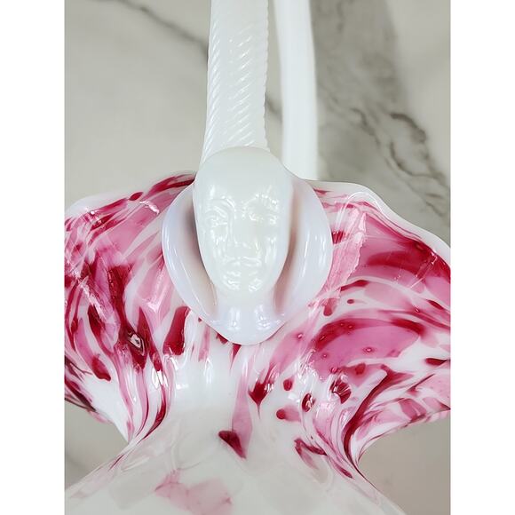Vase Ruffled Rime w/ Face on Handle 11" Art Milk Glass Basket 80's White Pink - Picture 2 of 16